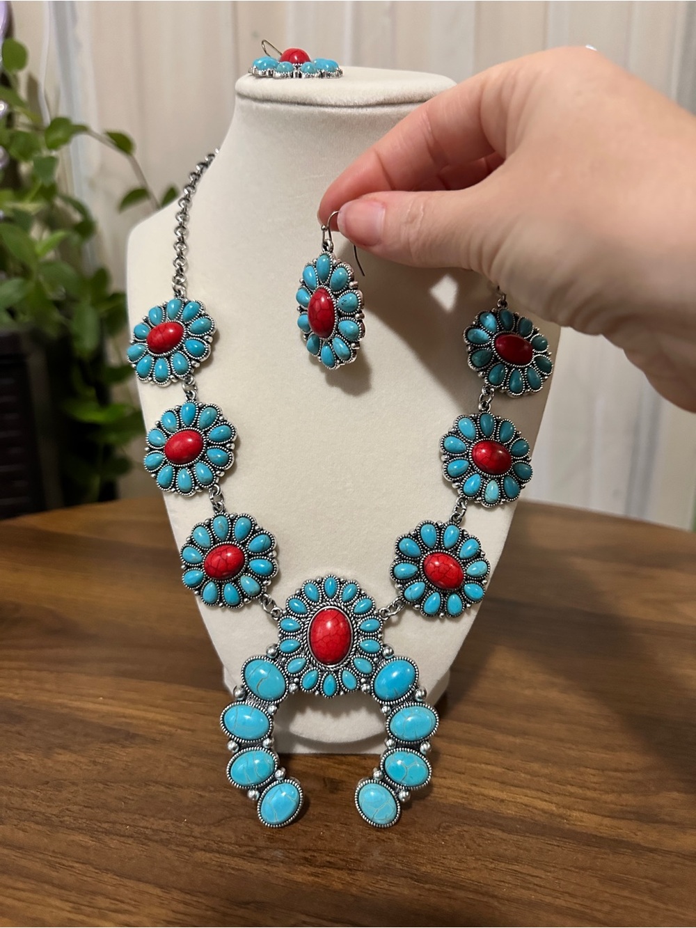 Turquoise & Red Floral Statement Necklace and Earring Set